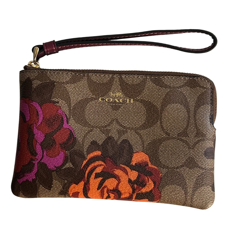 Coach Signature Canvas Floral Wristlet  Corner Zip Canvas Khaki Plum